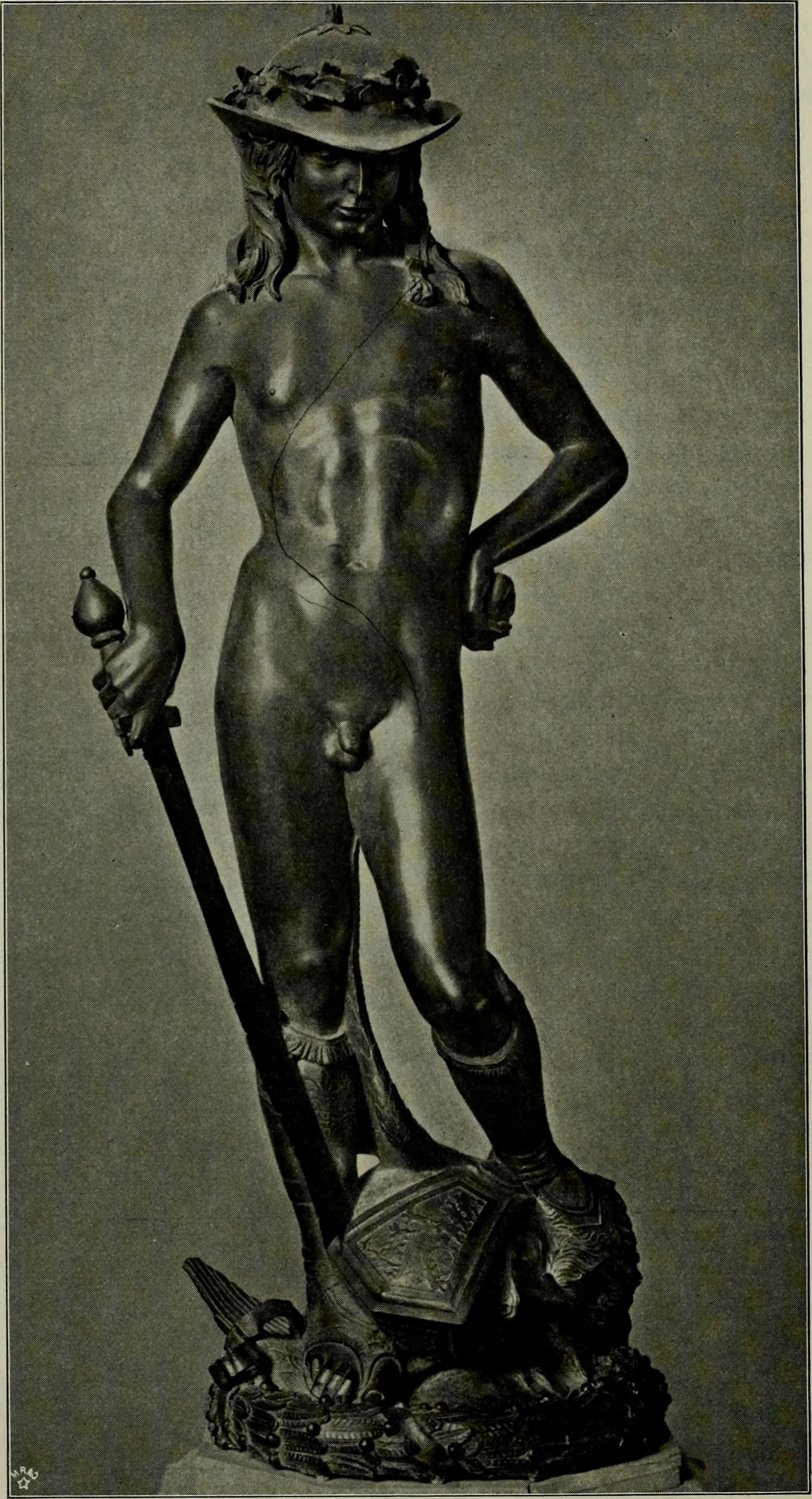 erotic male sculpture in art history, David (Donatello) (1430–1440). This fragile young man with elegant boots and a crazy looking hat is holding a sword in a swirling majestic posture.
